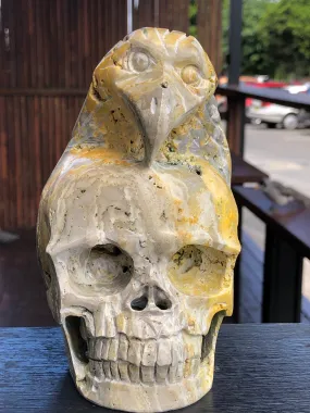 Bumble Bee (Eclipse) Jasper Skull and Raven Sculpture [1k1137]