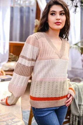 Divinity V- Neck Knit Sweater - Tan/Multi